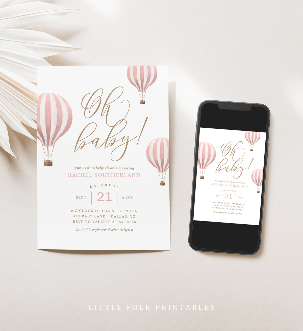 Editable Pink Hot Air Balloon Baby Shower Invitation Template No. 2