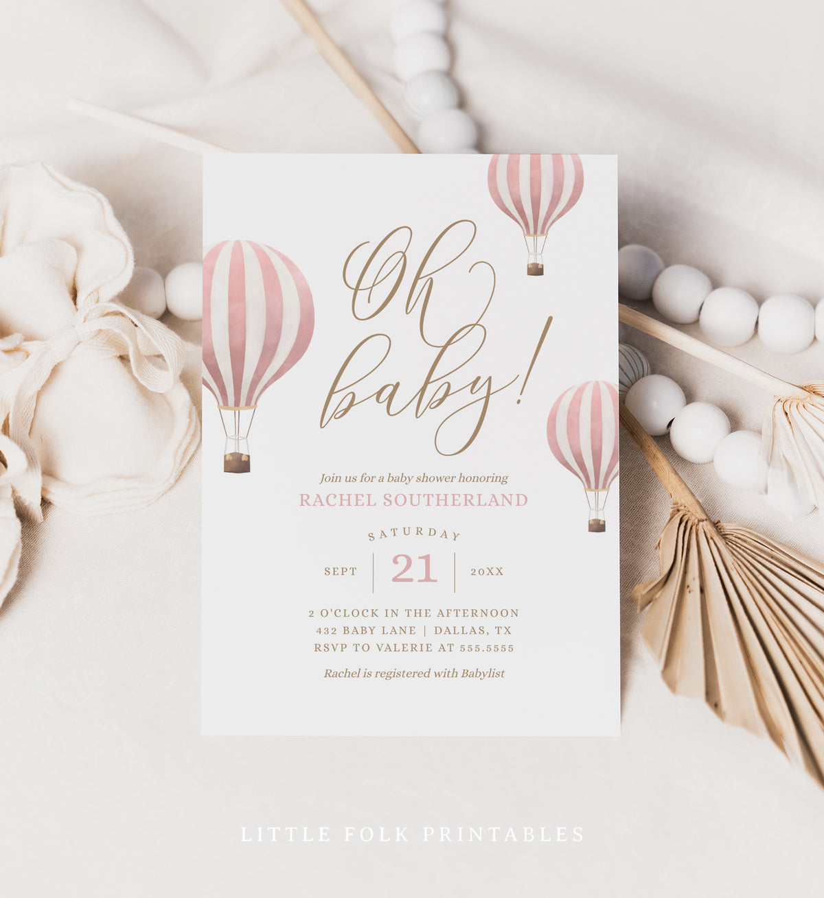 Editable Pink Hot Air Balloon Baby Shower Invitation Template No. 2