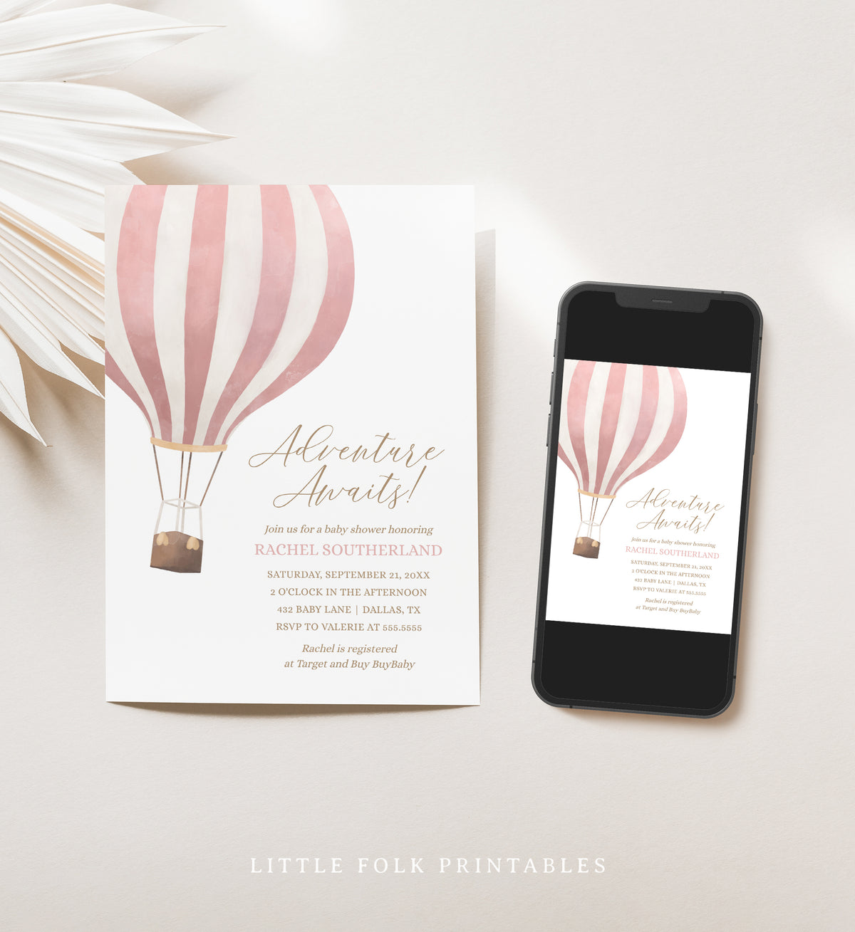 Editable Pink Hot Air Balloon Baby Shower Invitation Template