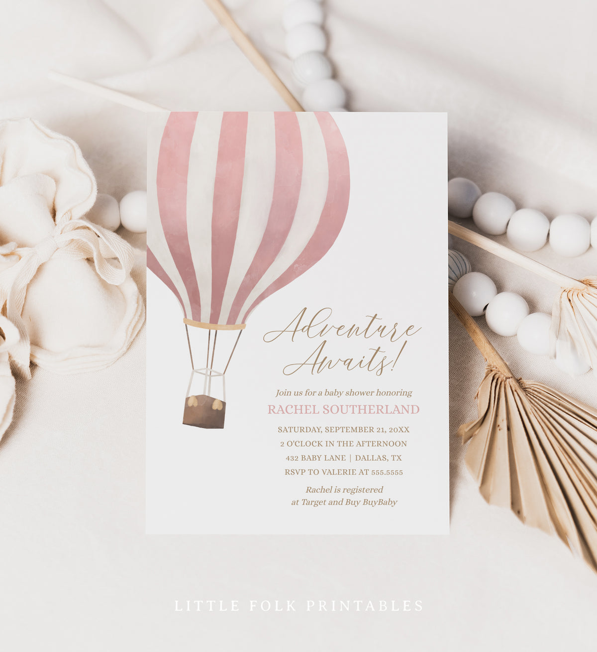 Editable Pink Hot Air Balloon Baby Shower Invitation Template
