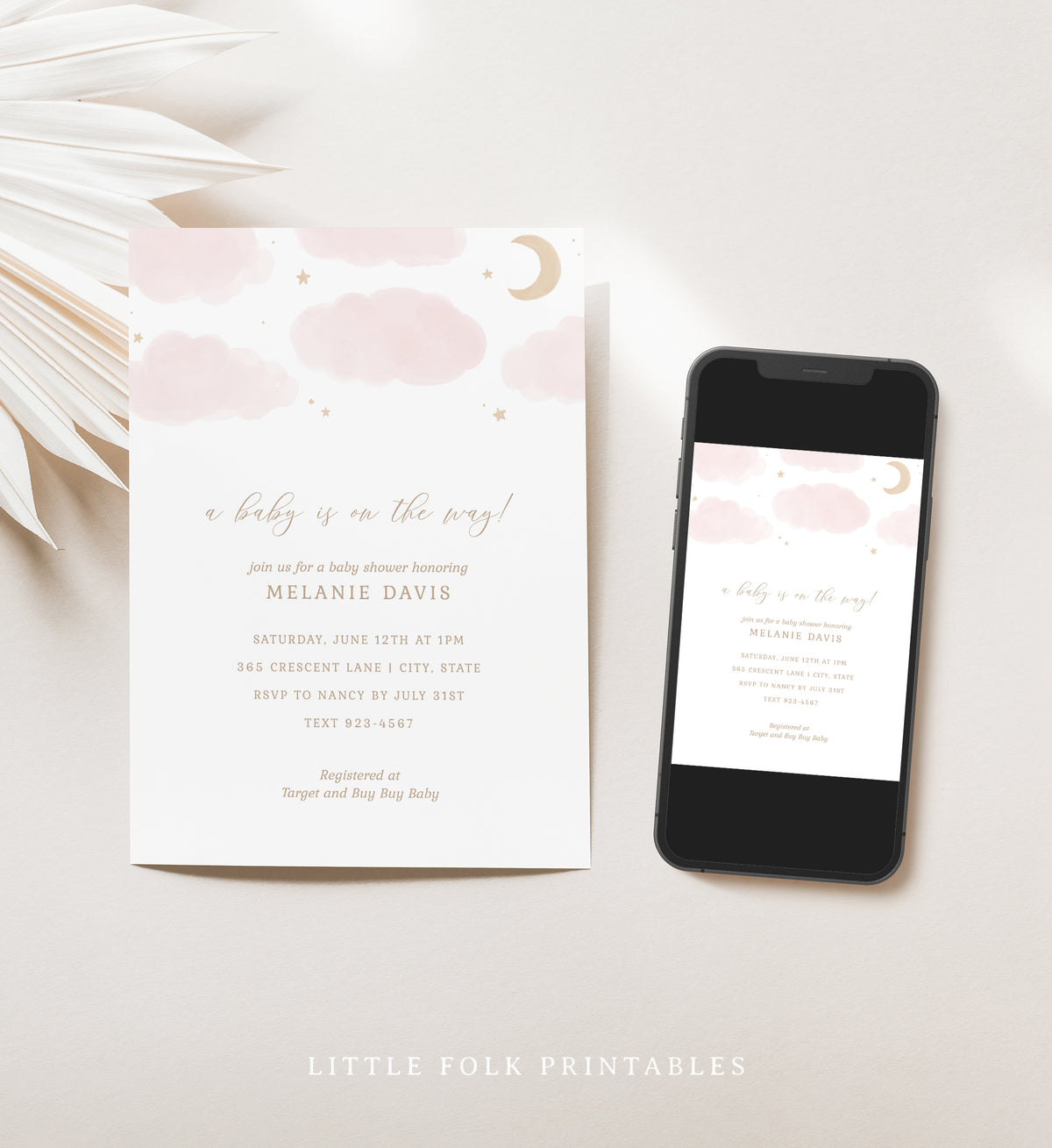 Editable Pink Moon and Stars Baby Shower Invitation Template