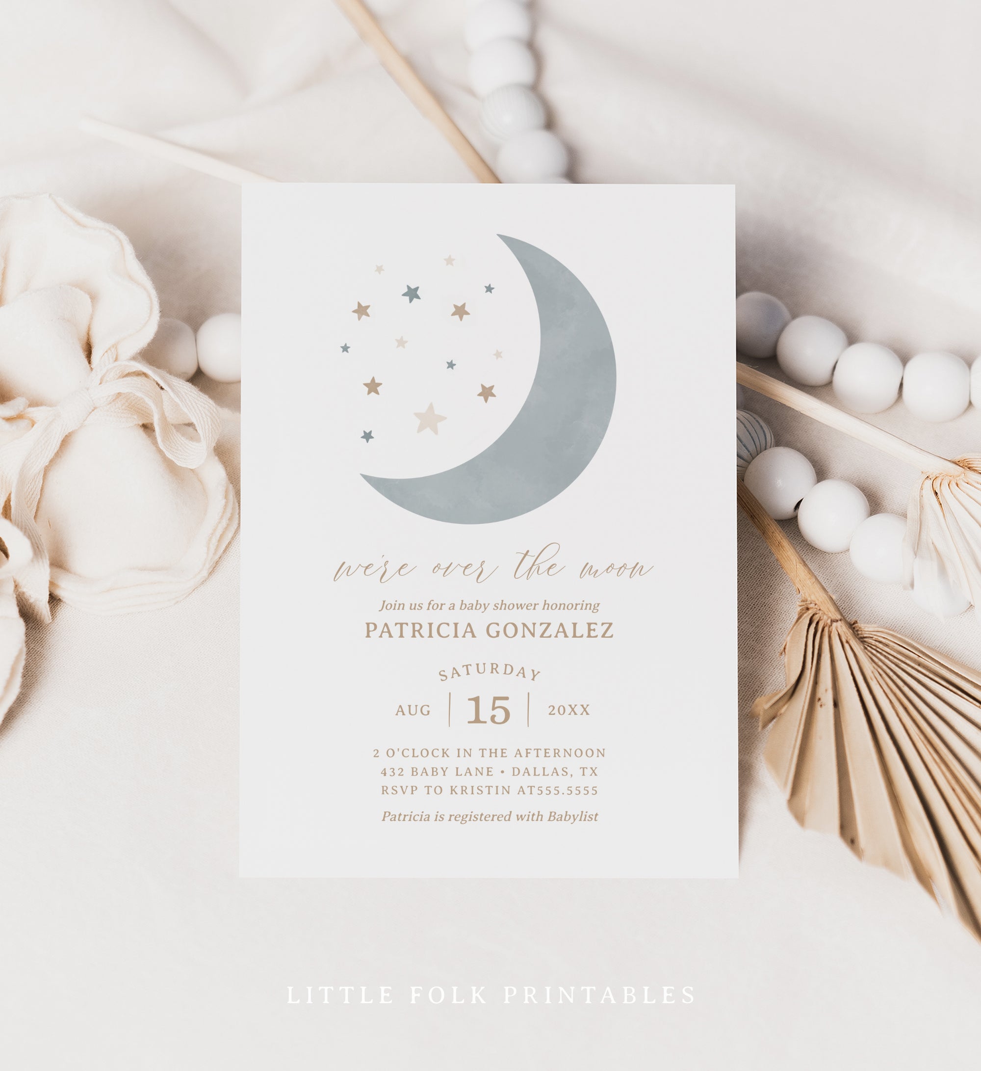 Editable Over the Moon Boy Baby Shower Invitation Template