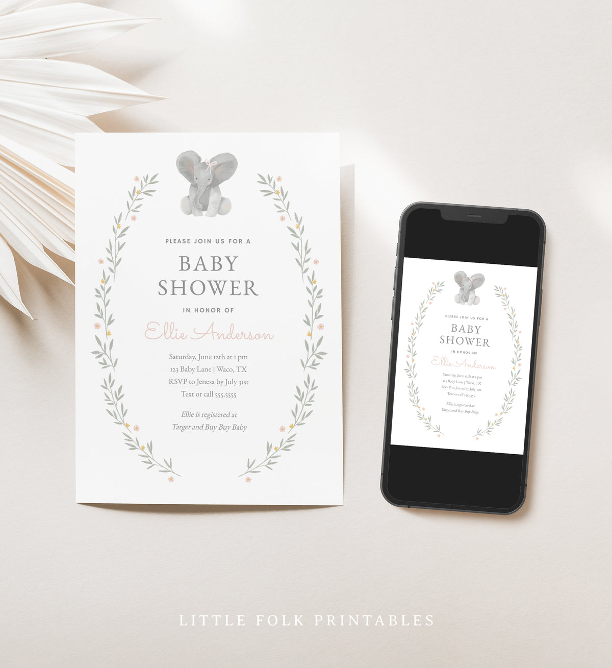 Editable Floral Elephant Baby Shower Invitation Template