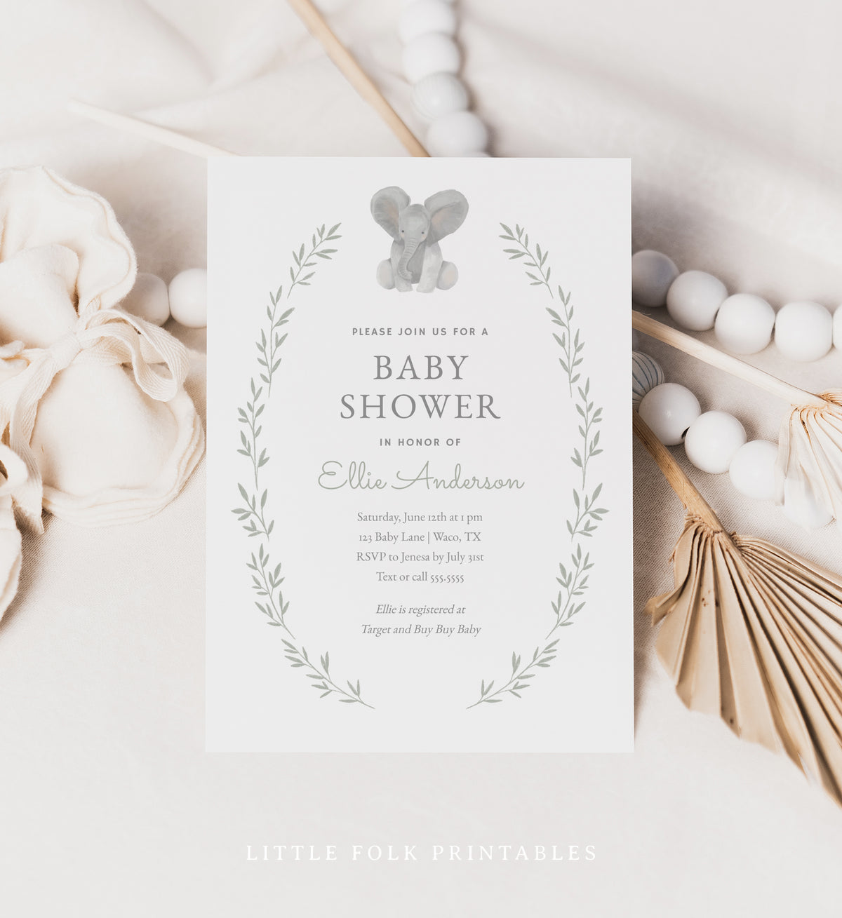 Editable Elephant Greenery Baby Shower Invitation Template