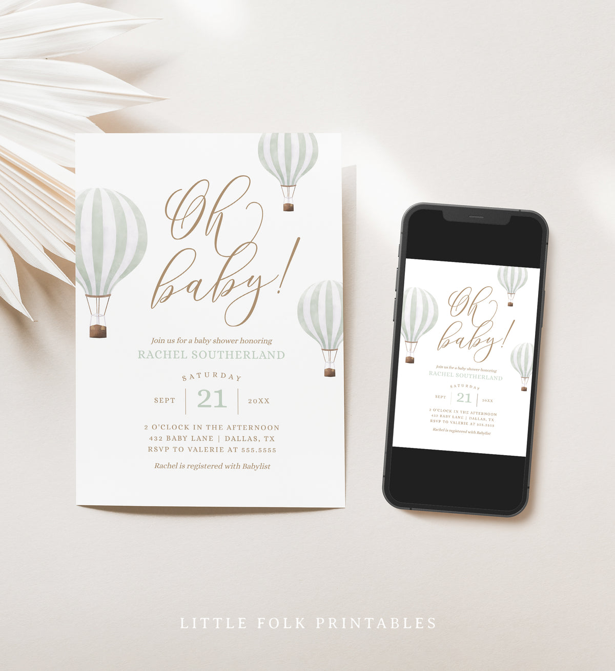 Editable Mint Green Hot Air Balloon Baby Shower Invitation Template