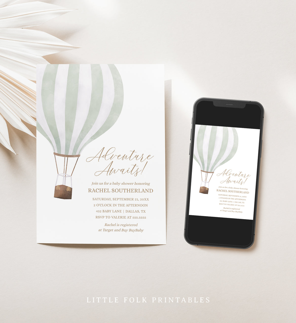 Editable Mint Green Hot Air Balloon Baby Shower Invitation Template - V2