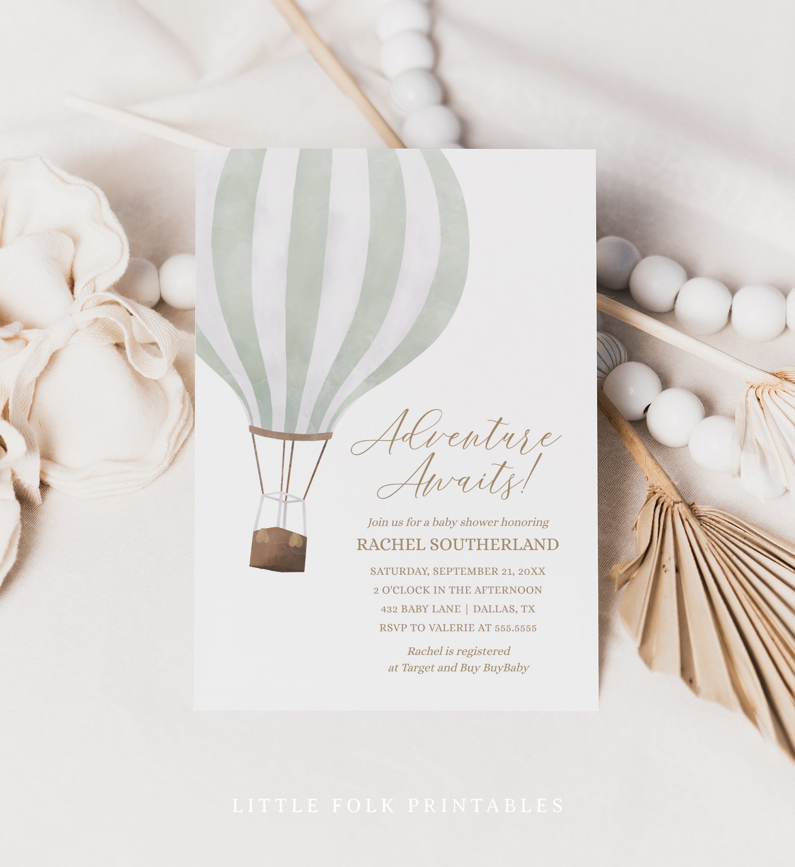 Editable Mint Green Hot Air Balloon Baby Shower Invitation Template - V2