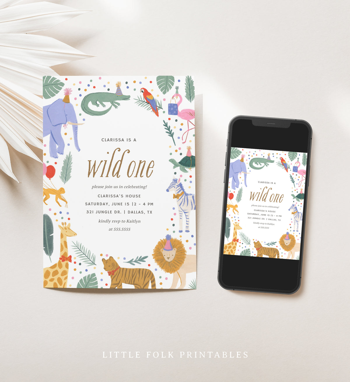 Editable Wild One Safari Animals Birthday Party Invitation Template