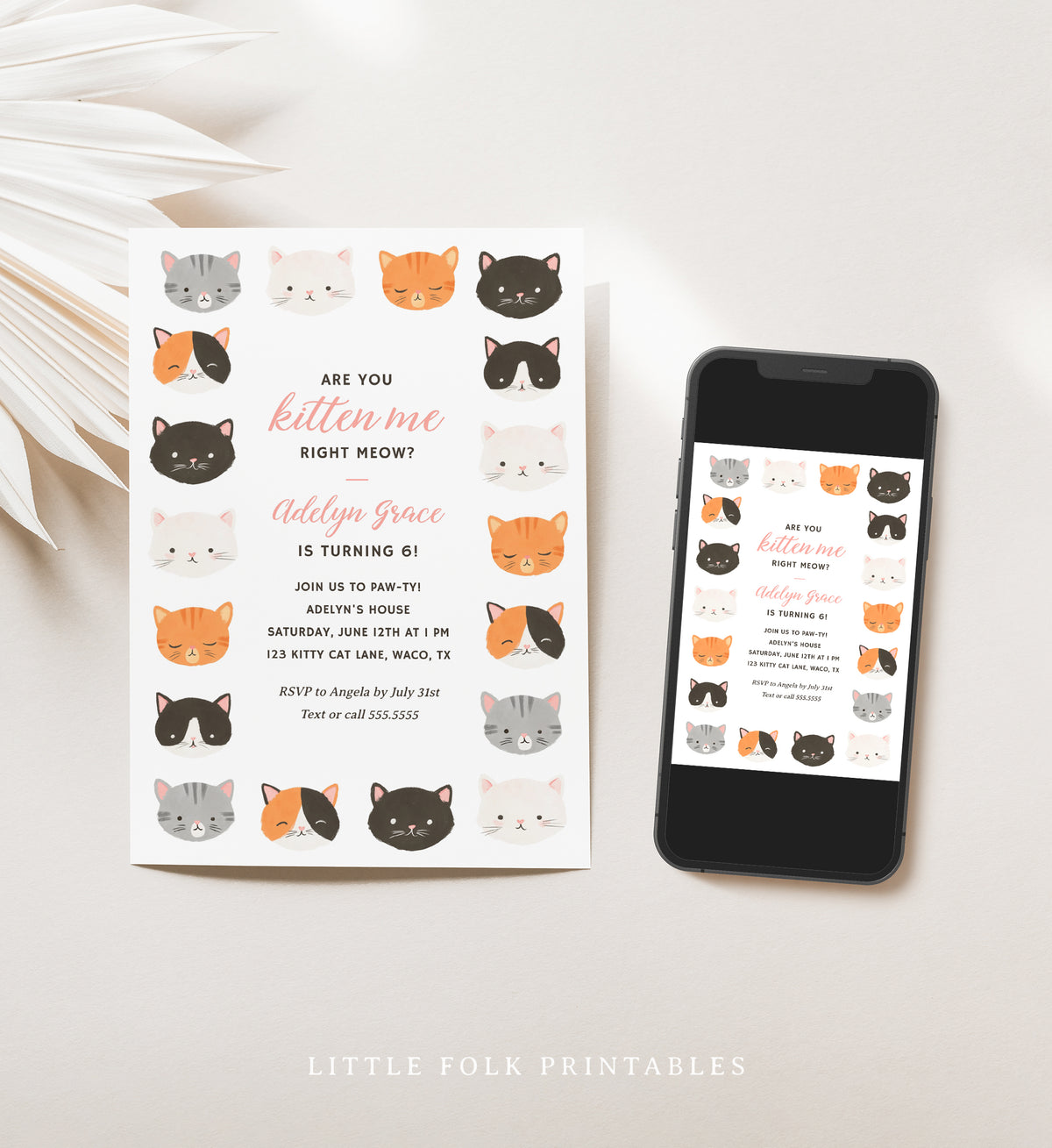 Editable Kitten Birthday Party Invitation Template