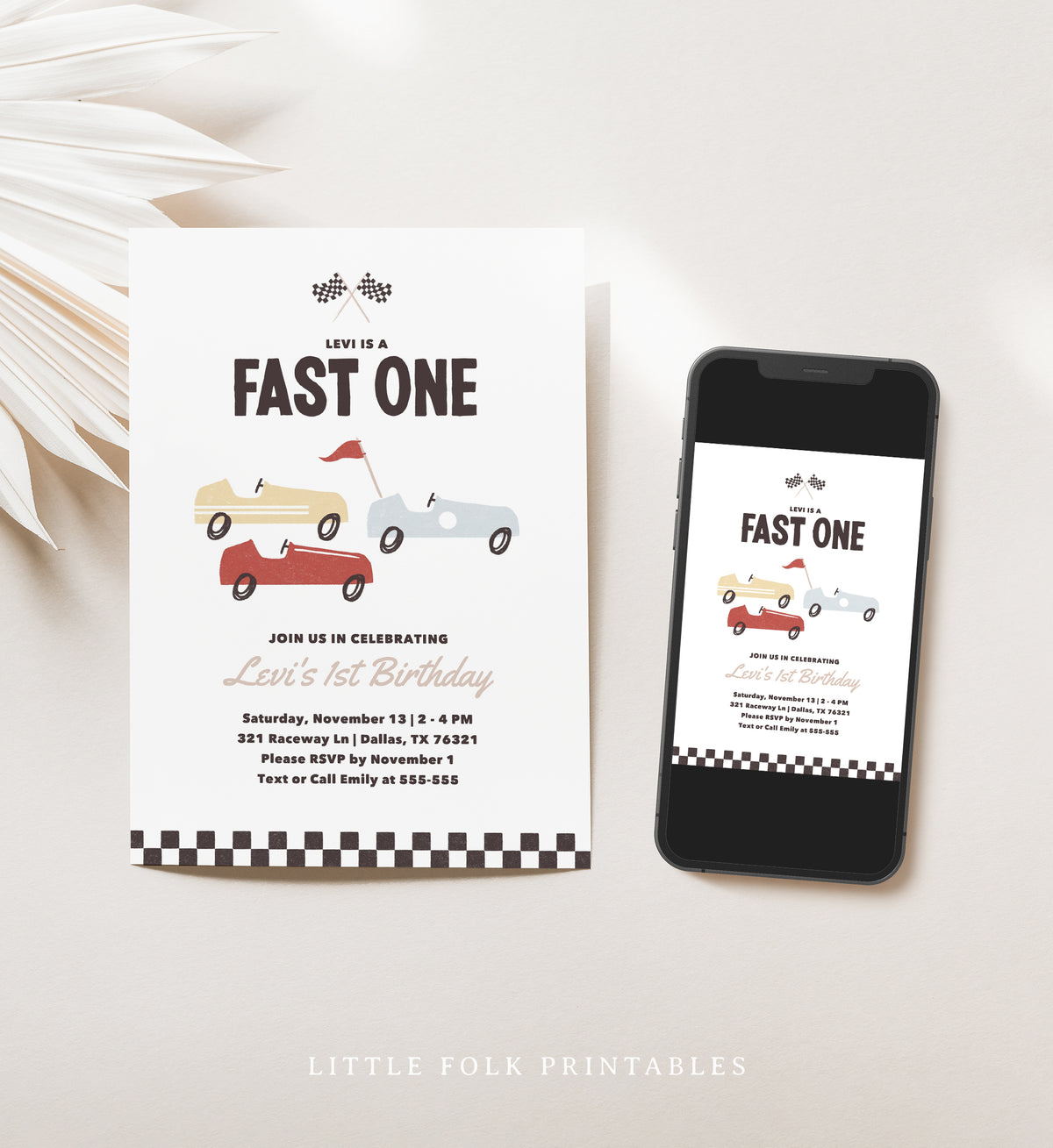 Editable Fast One Race Car Birthday Invitation Template