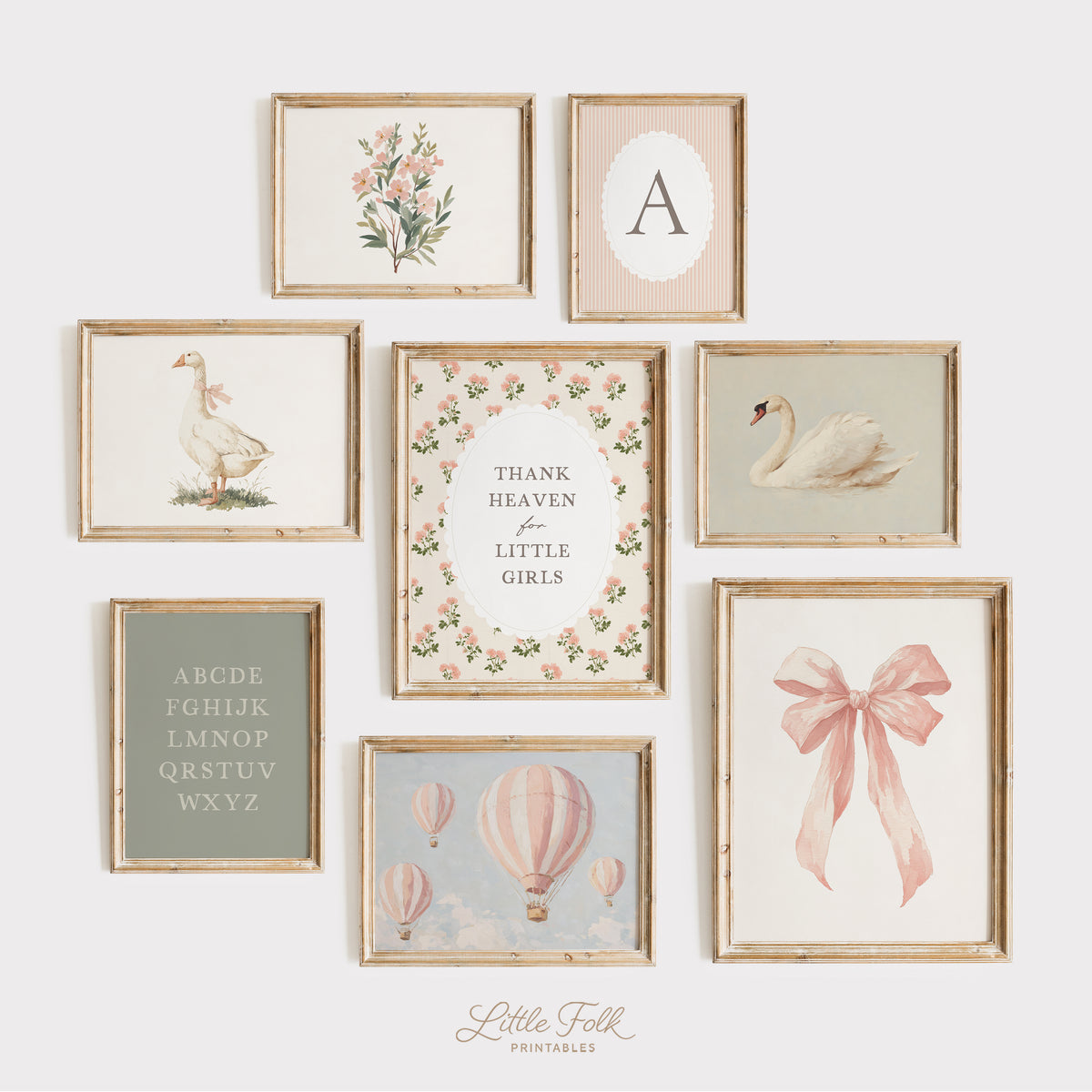 Vintage Pink and Sage Cottagecore Girl Nursery Wall Art