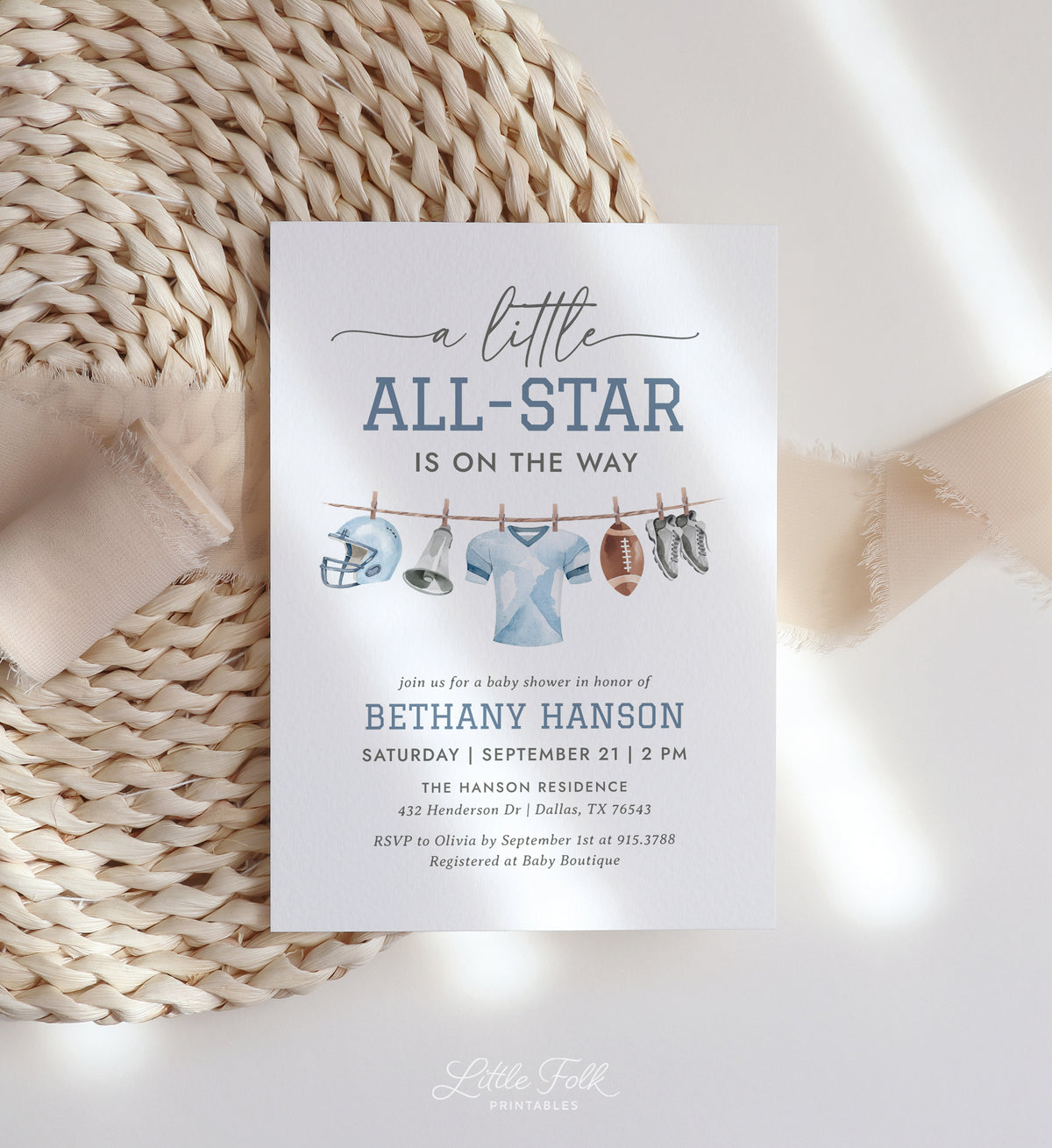 Editable Football Clothesline Baby Shower Invitation Template