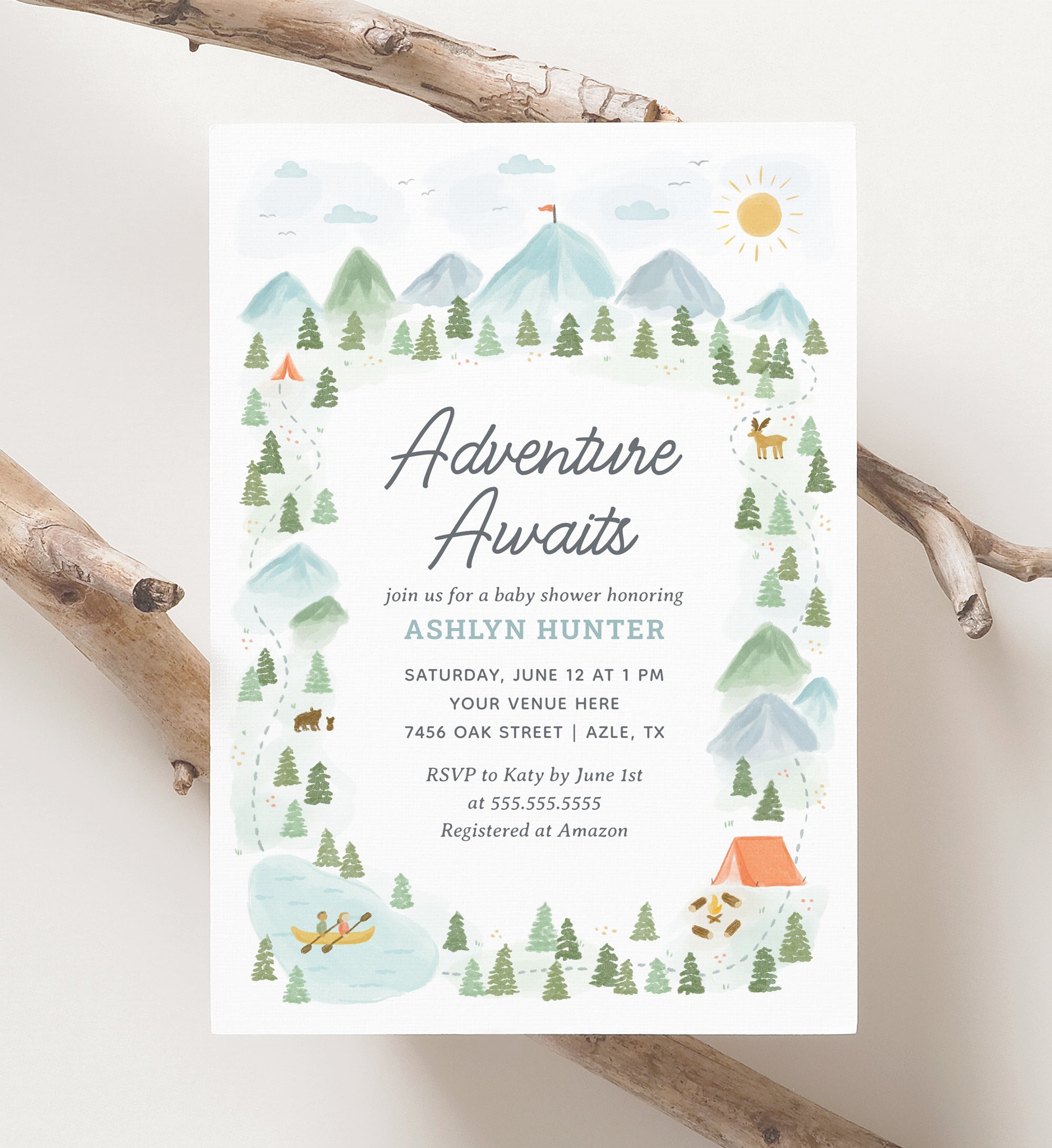 Editable Adventure Awaits Baby Shower Invitation Template