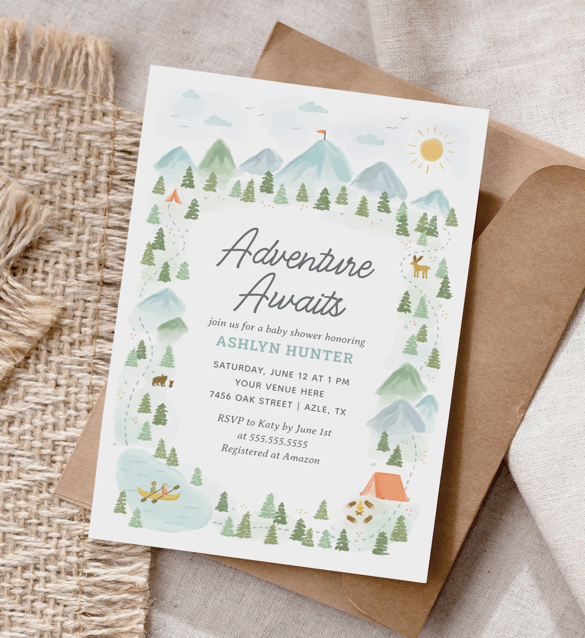 Editable Adventure Awaits Baby Shower Invitation Template