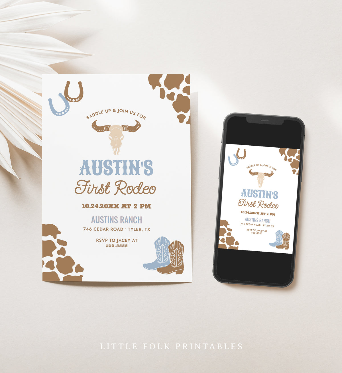 Editable Blue First Rodeo Birthday Invitation Template