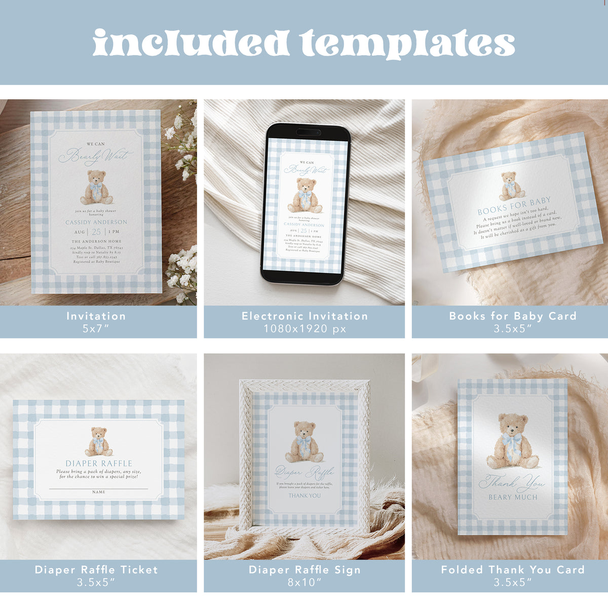 Blue Gingham Teddy Bear Baby Shower Bundle