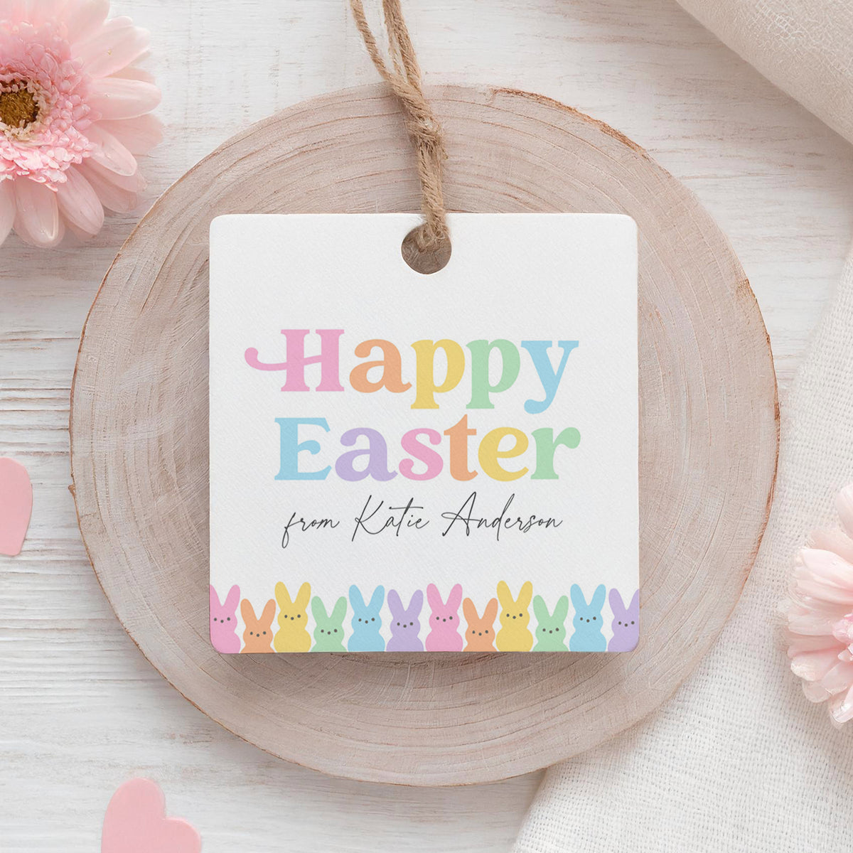 Pastel Bunnies Happy Easter Square Tag Template