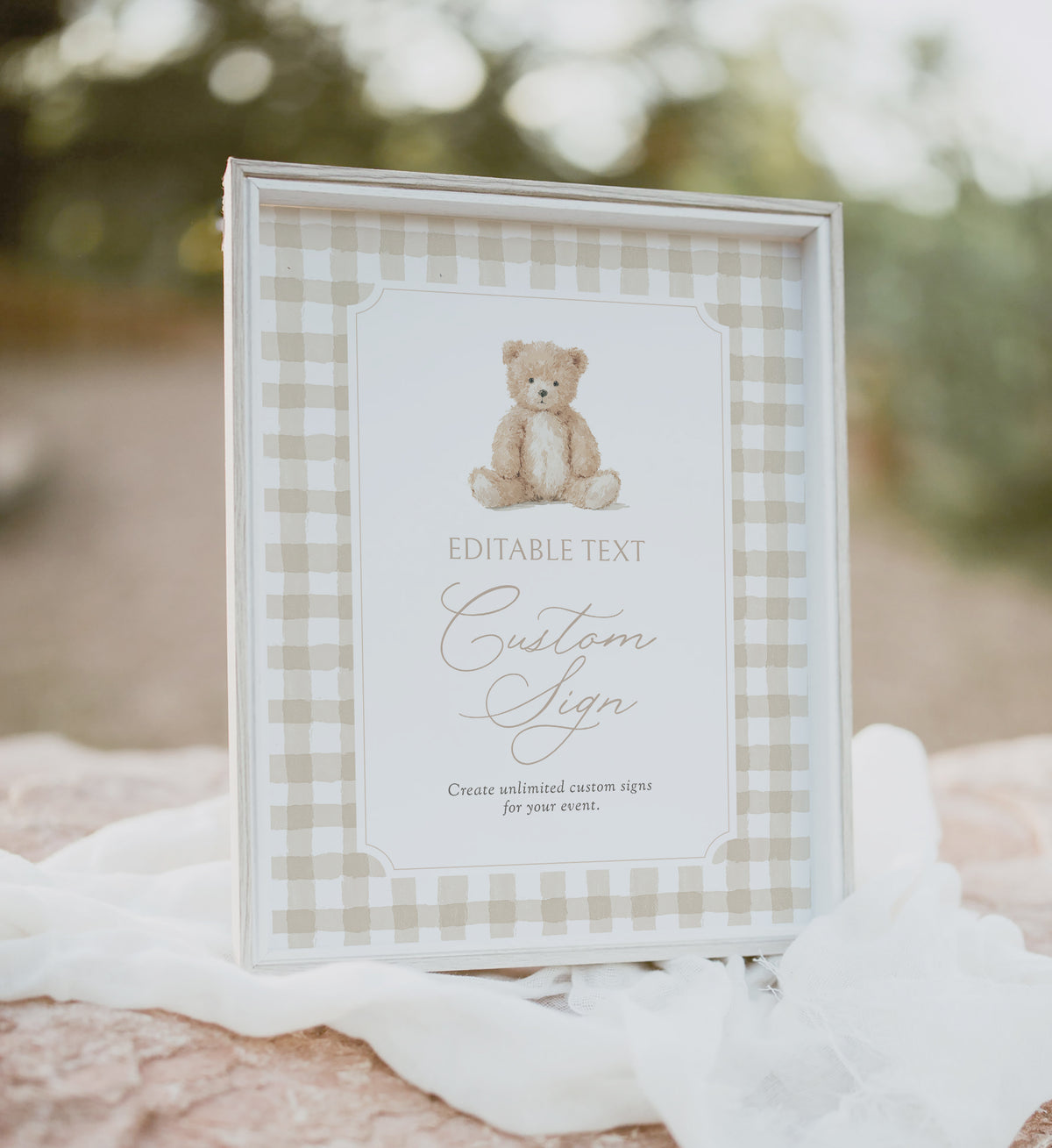 Neutral Gingham Teddy Bear Baby Shower Custom Sign