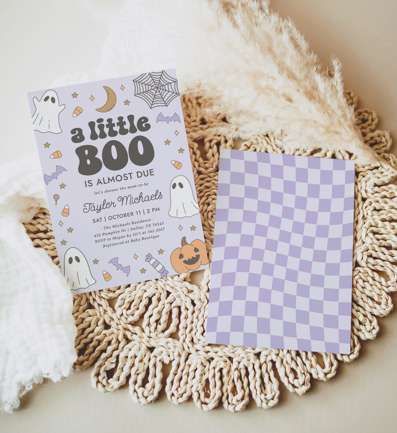 Little Boo Retro Baby Shower Invitation Template (Purple)