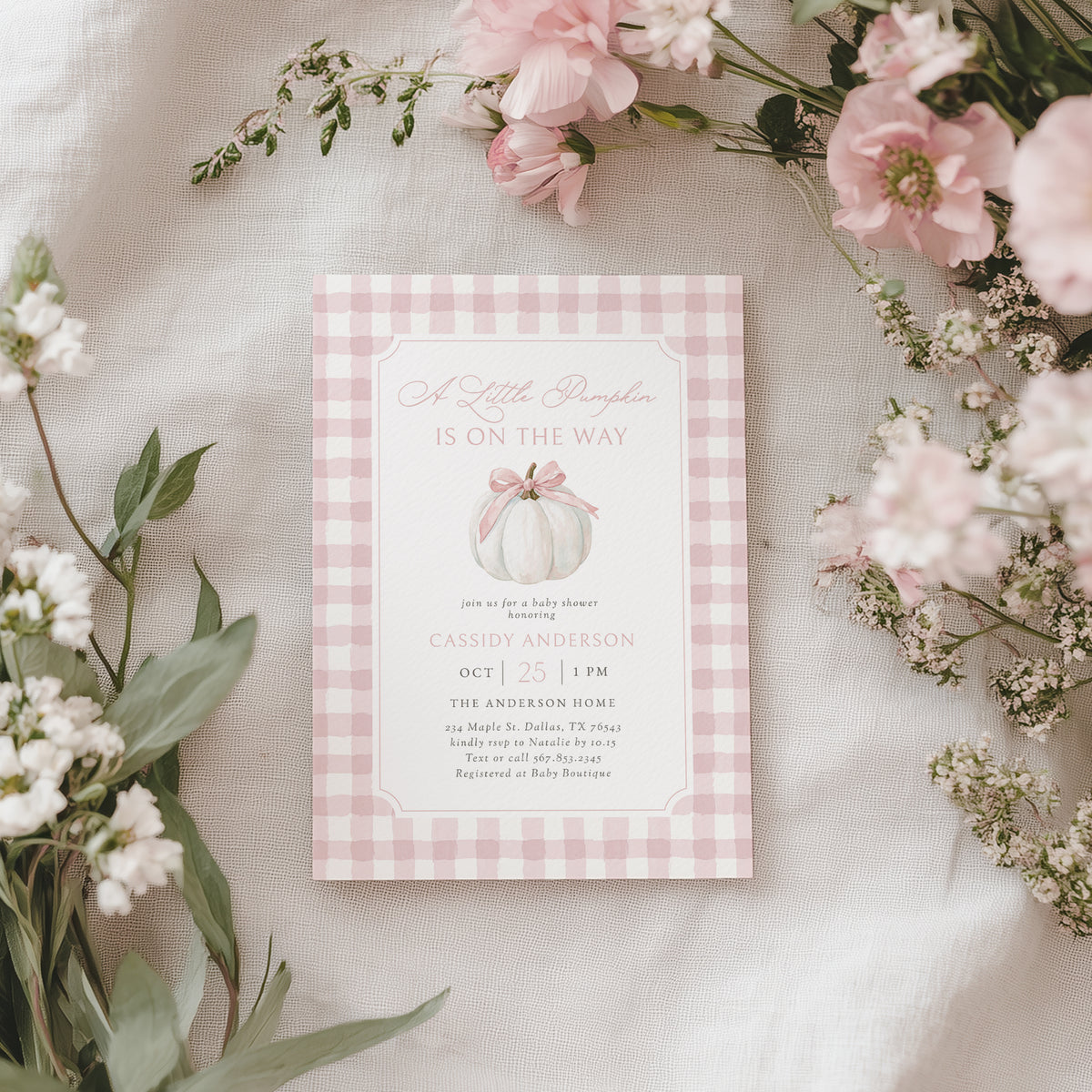 Pink Gingham Pumpkin Baby Shower Invitation