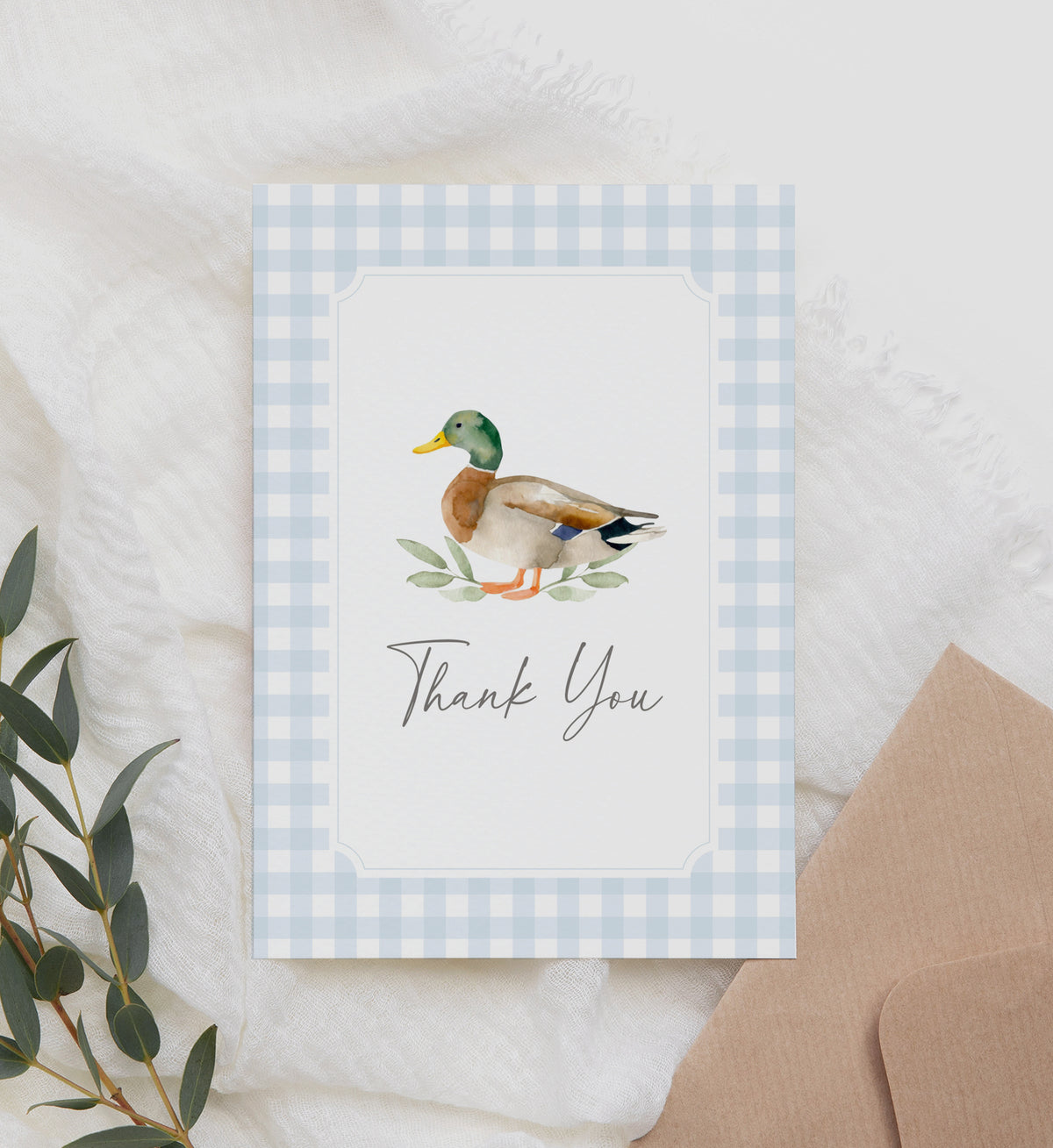 Blue Gingham Duck Duck Baby Shower Folded Thank You Card Template