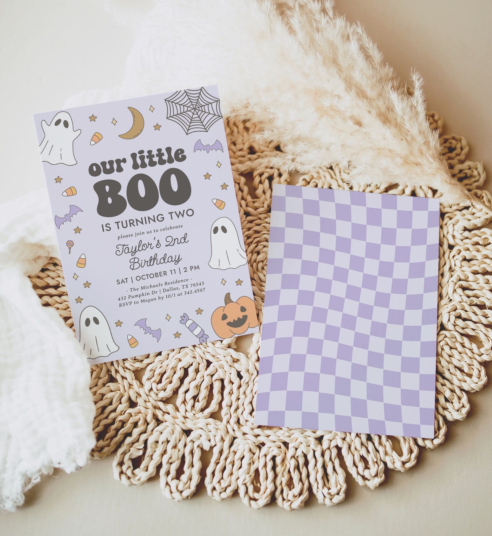 Little Boo Retro Birthday Invitation Template (Purple)