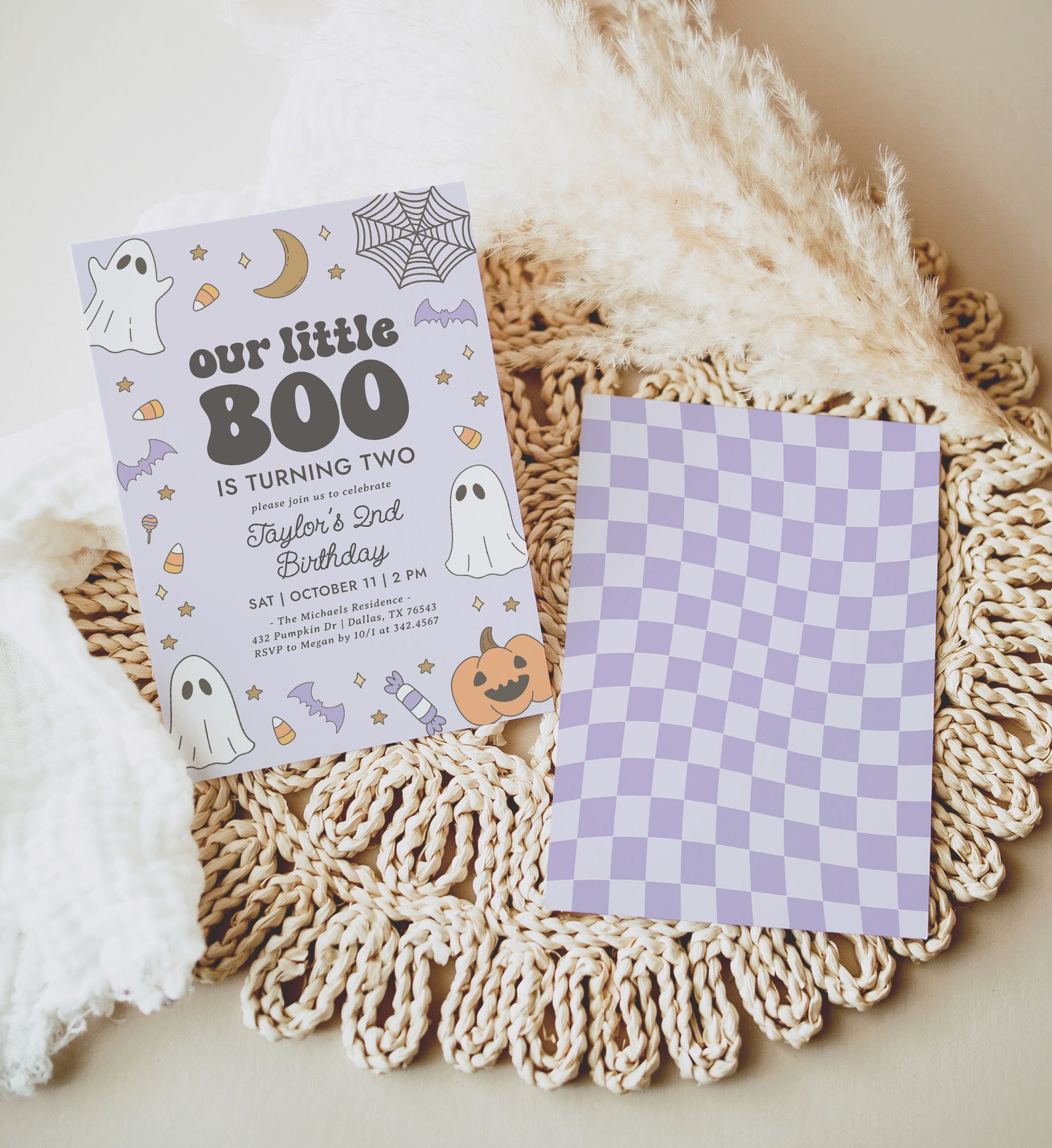 Little Boo Retro Birthday Invitation Template (Purple)