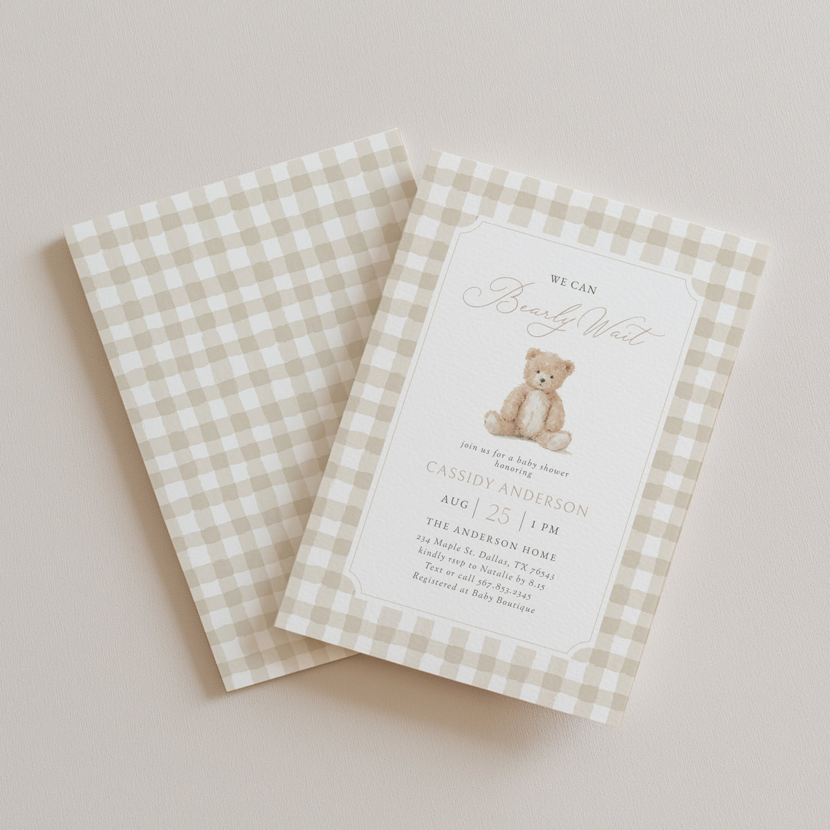 Neutral Gingham Teddy Bear Baby Invitation Suite