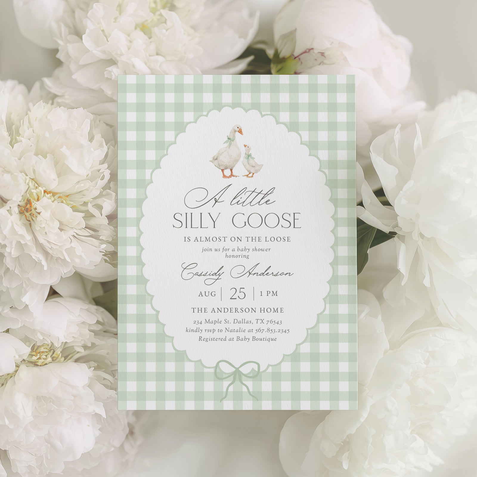 Sage Gingham Goose Baby Shower Invitation