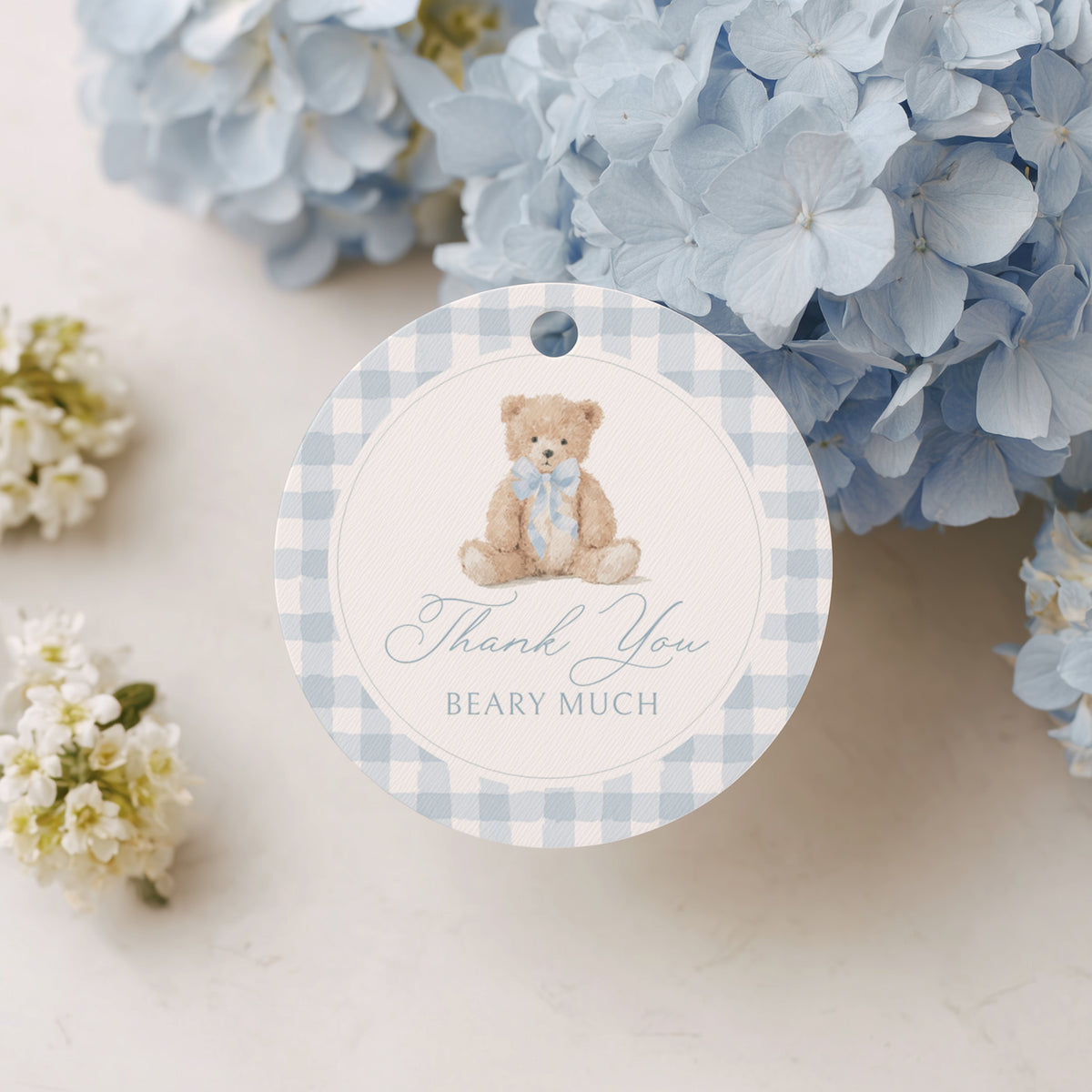 Blue Gingham Teddy Bear Baby Shower Round Tag