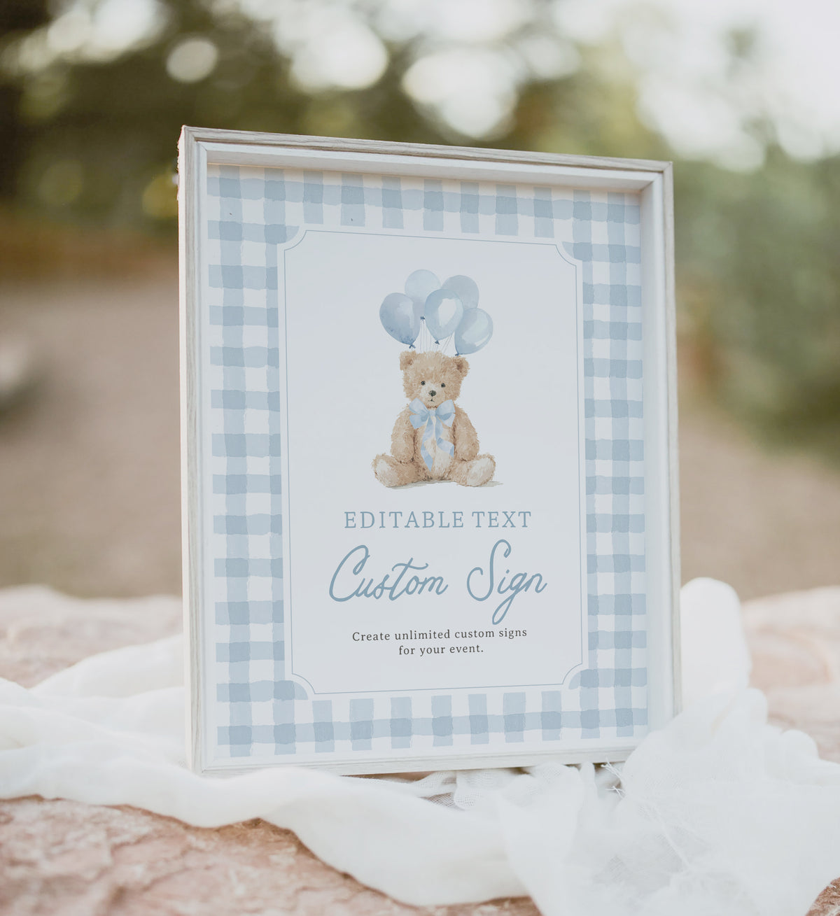 Blue Gingham Teddy Bear Birthday Custom Sign