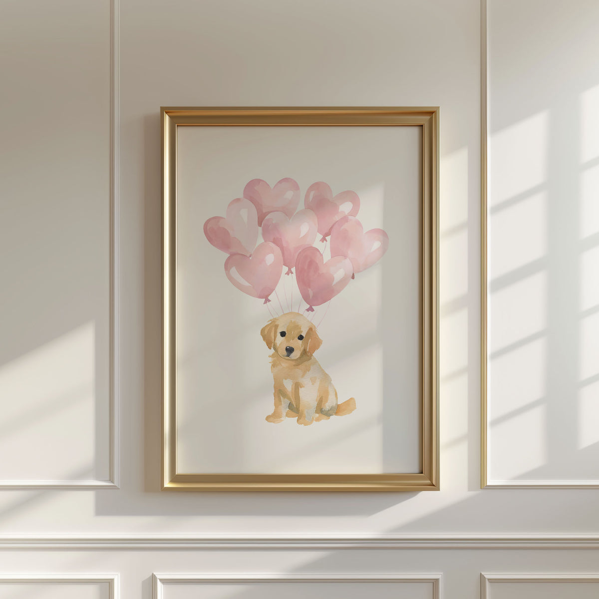 Golden Retriever with Pink Heart Balloons Print