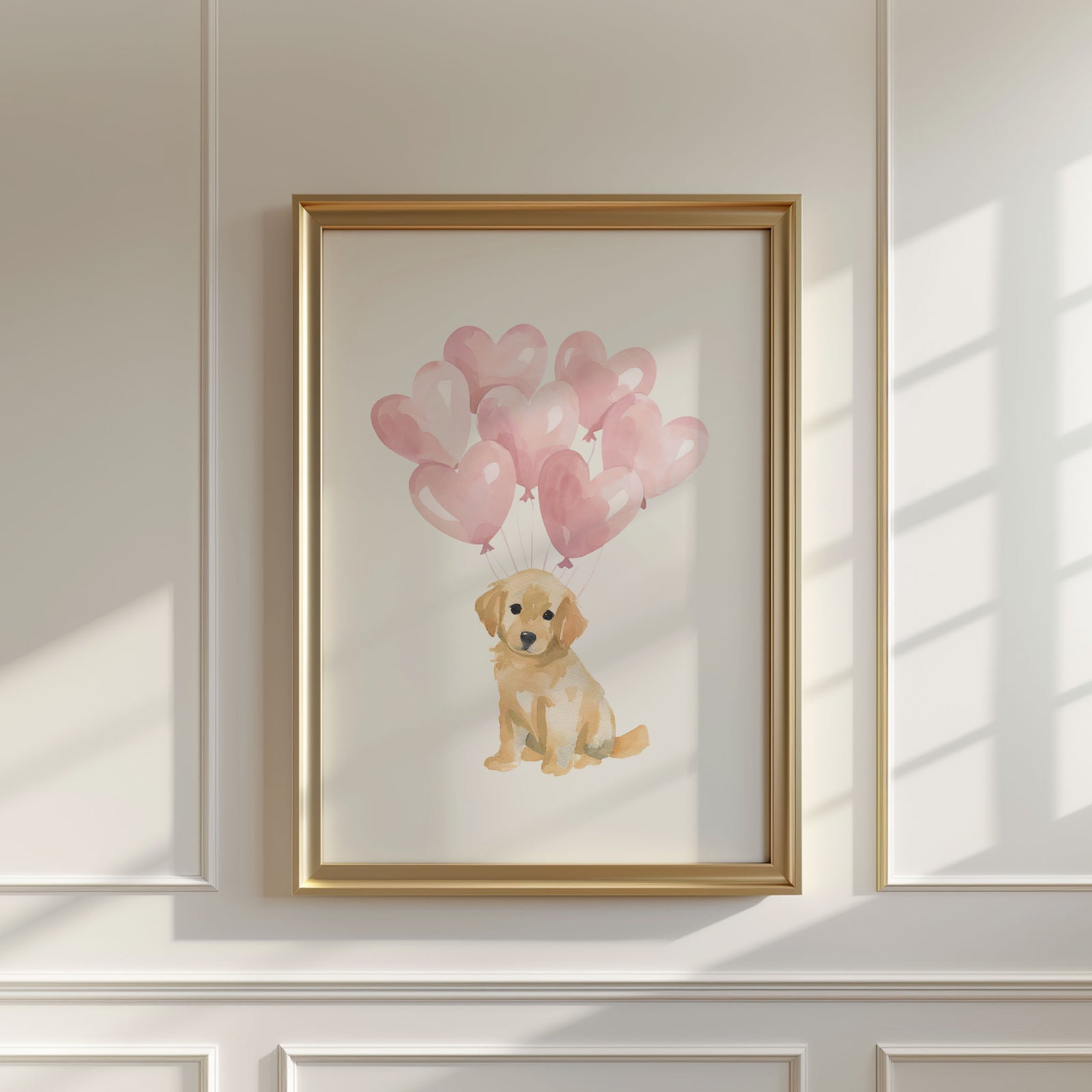Golden Retriever with Pink Heart Balloons Print