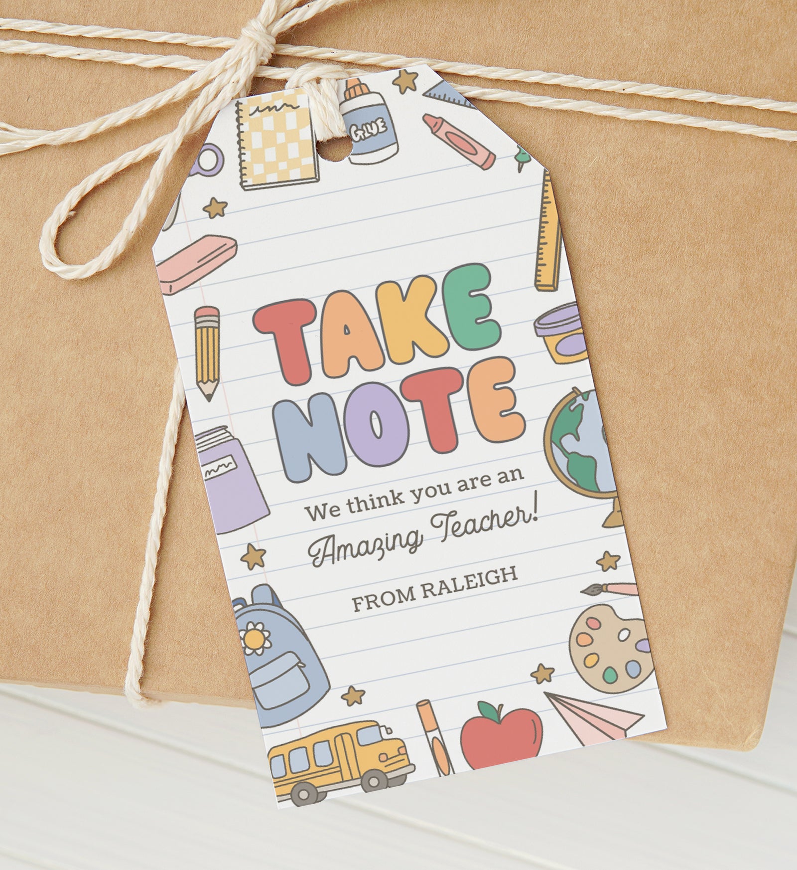 Take Note Retro School Supplies Teacher Appreciation Tag Template