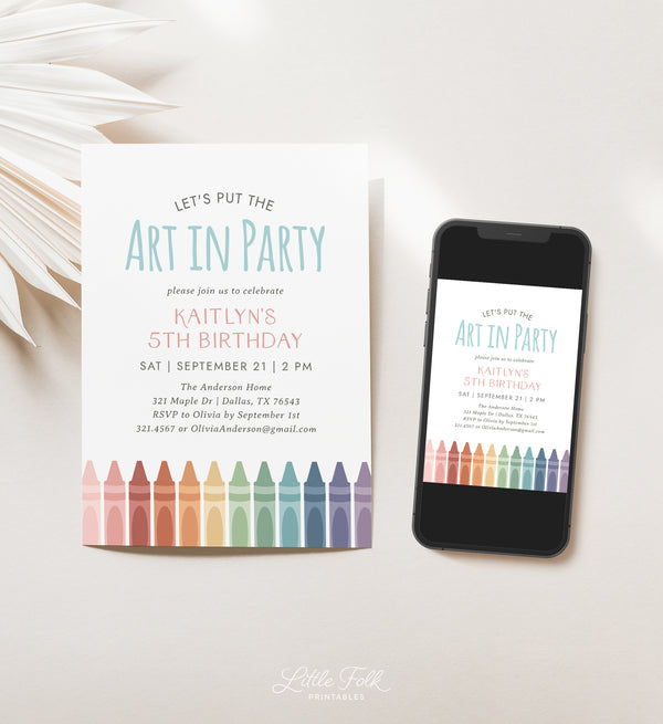 Editable Art Crayon Birthday Party Invitation Template - Little Folk ...