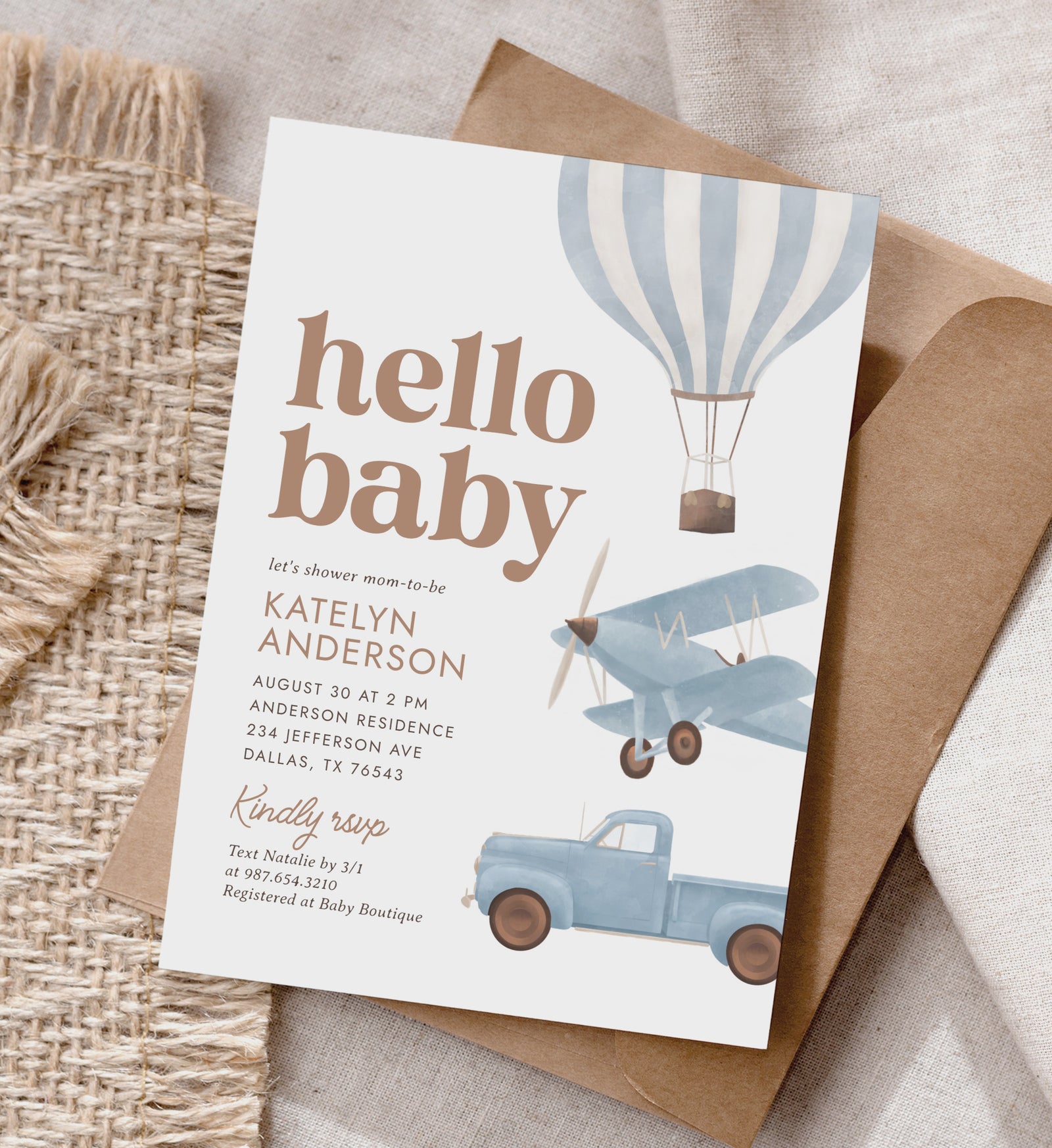 Blue Travel Baby Shower Invitation (Balloon, Plane, Truck)