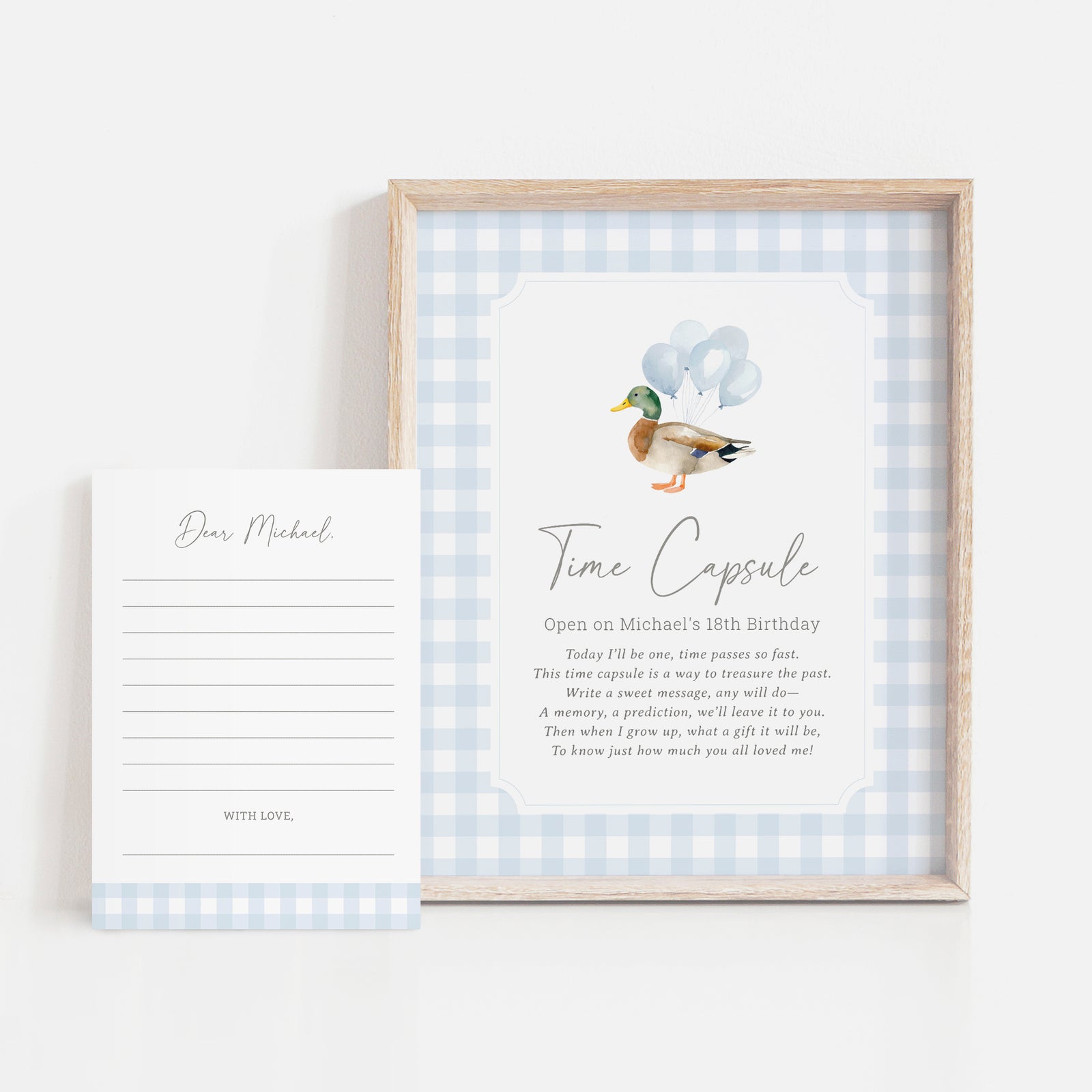 Blue Gingham Duck Birthday Time Capsule Template
