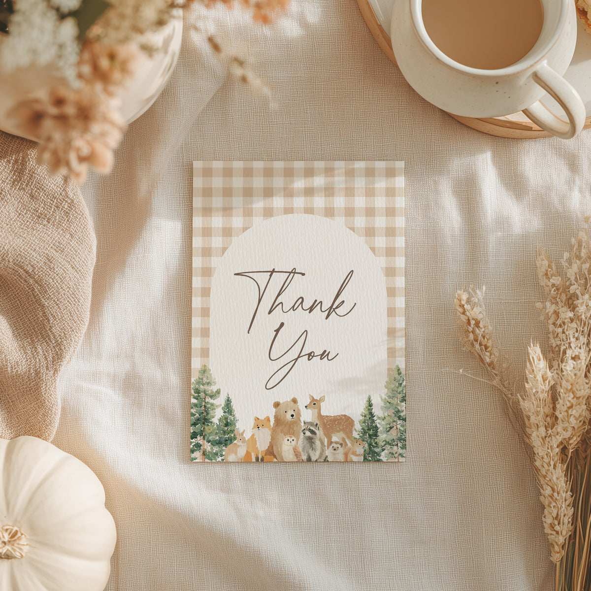 Woodland Gingham Baby Shower Folded Thank You Card