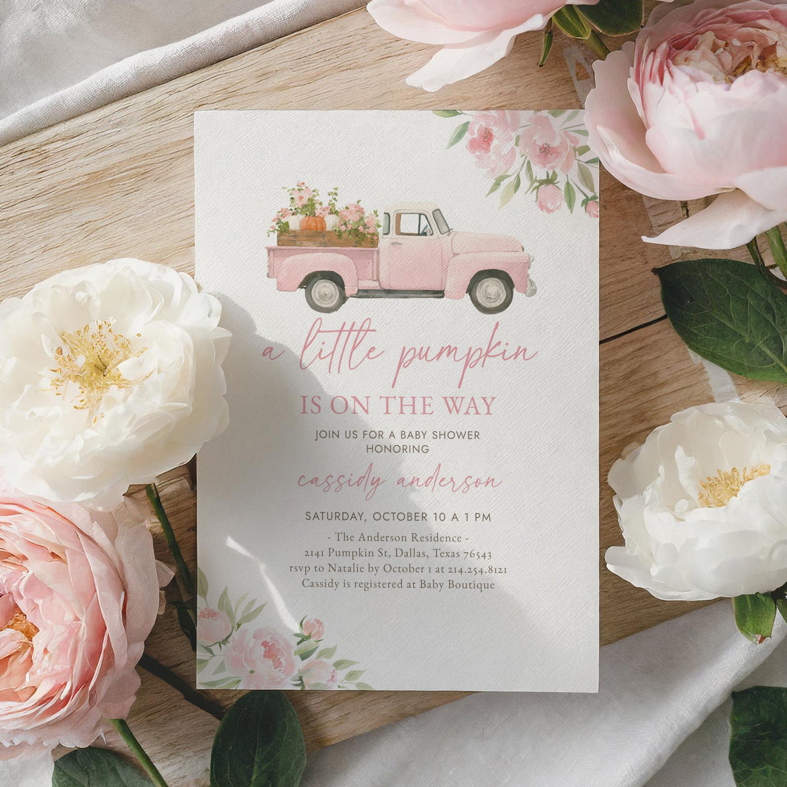Pink Truck Pumpkin Baby Shower Invitation