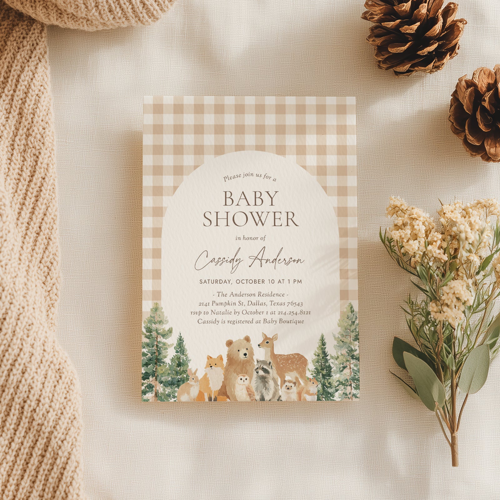 Woodland Gingham Baby Shower Invitation