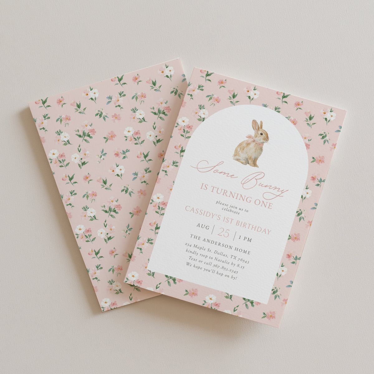 Pink Floral Bunny Birthday Invitation