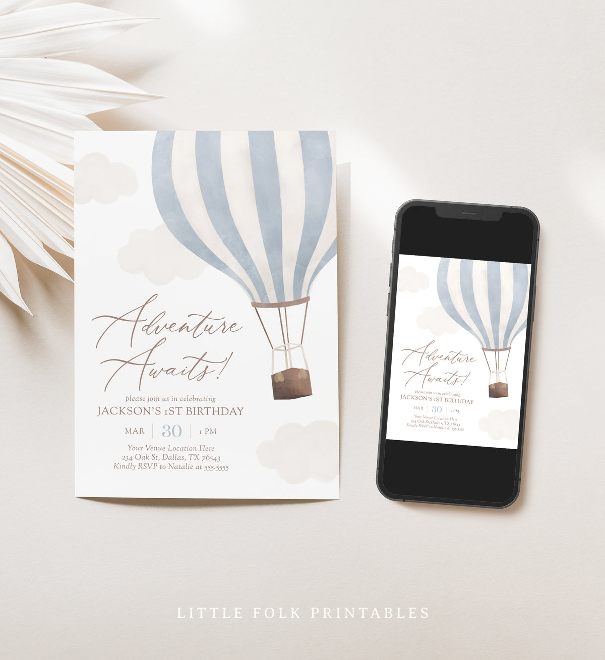 Editable Blue Hot Air Balloon Birthday Invitation Template