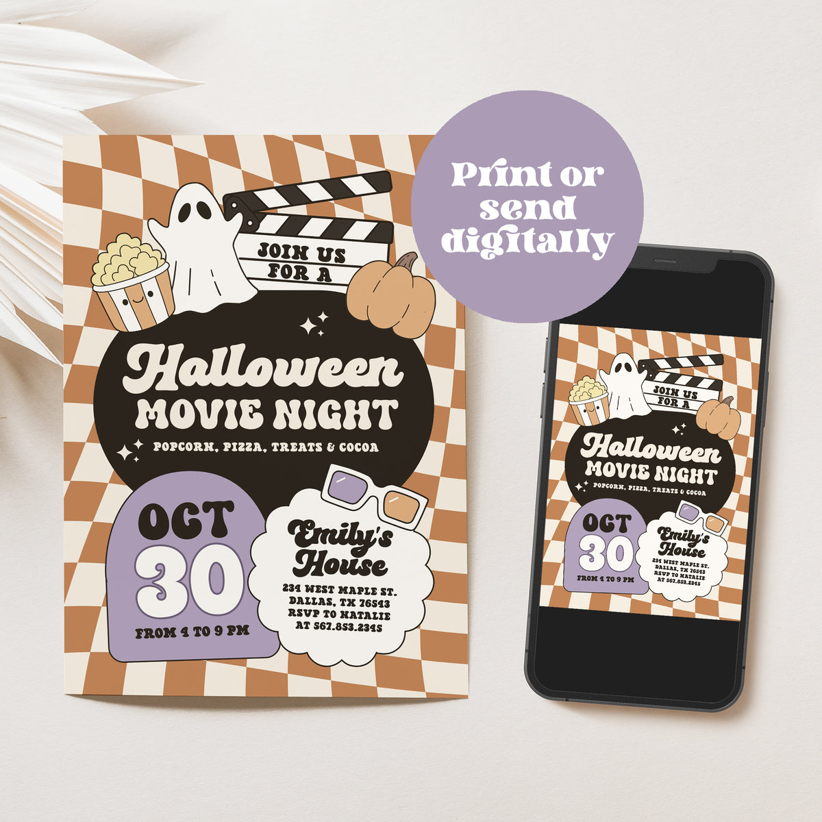 Retro Checker Halloween Movie Night Invitation