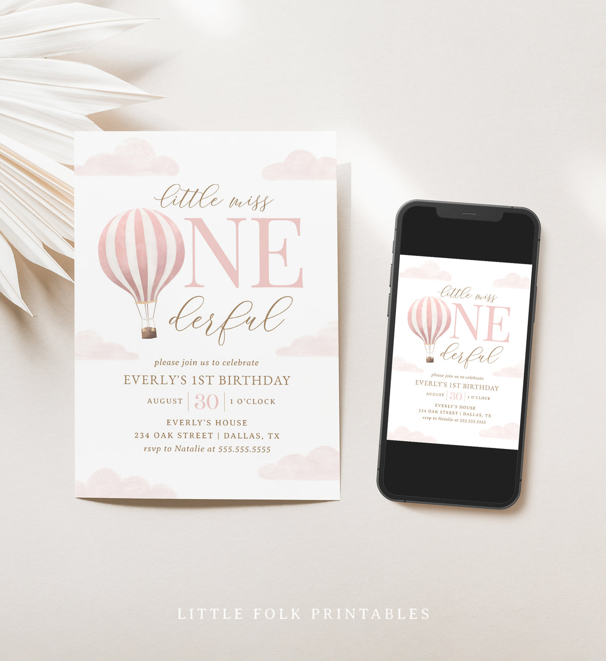 Editable Little Miss Onederful Hot Air Balloon Birthday Invitation