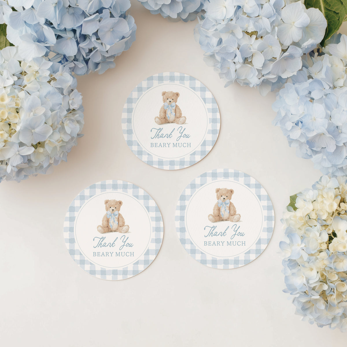 Blue Gingham Teddy Bear Round Tag