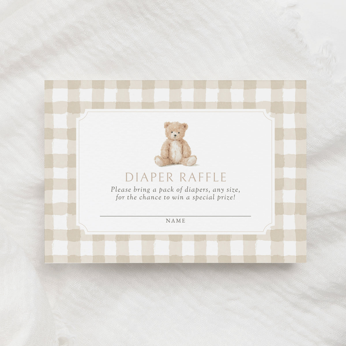 Neutral Gingham Teddy Bear Baby Invitation Suite