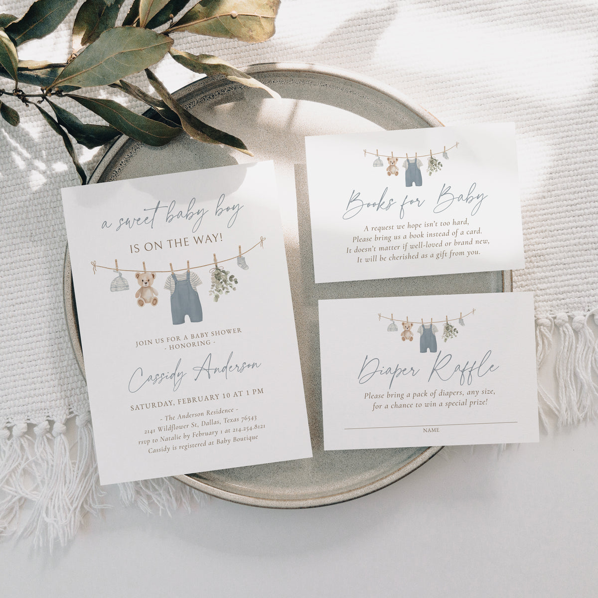 Blue Overalls Clothesline Baby Shower Invitation Suite