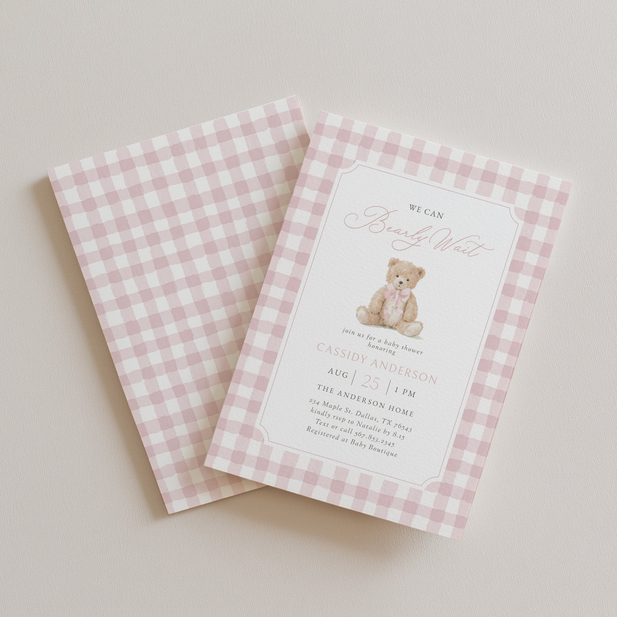 Pink Gingham Teddy Bear Baby Shower Invitation
