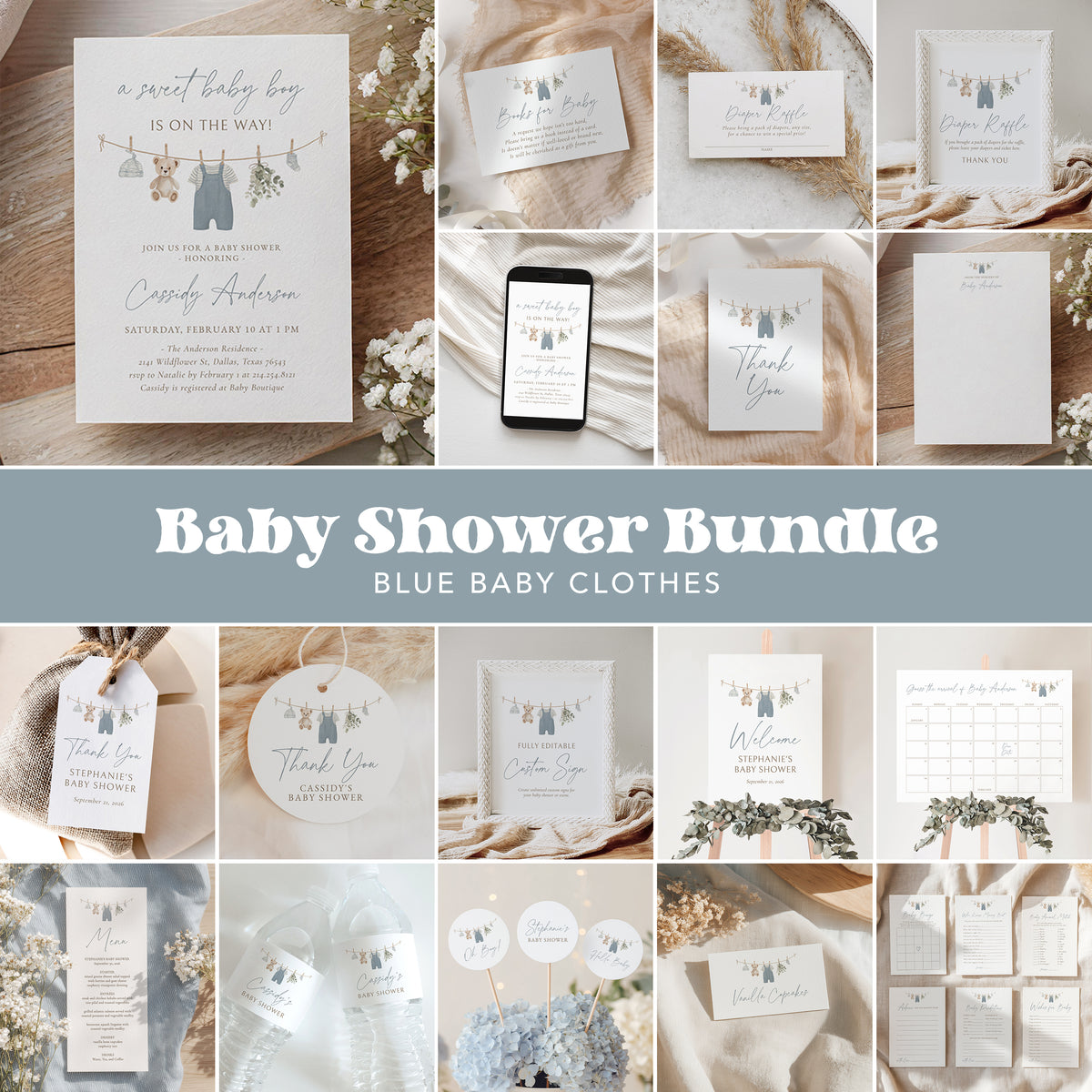 Blue Overalls Clothesline Baby Shower Bundle