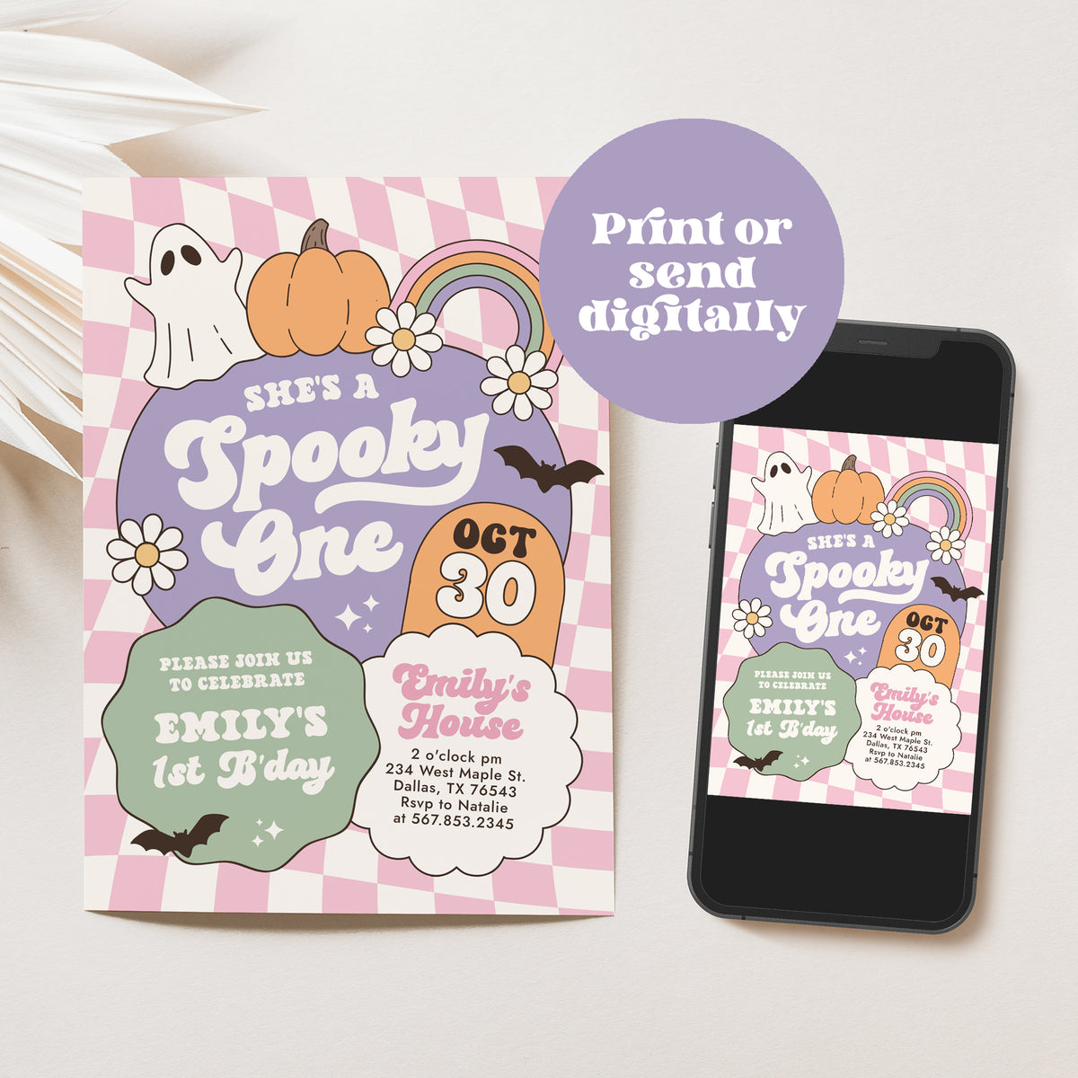 Pink Retro Checker Spooky One Halloween Birthday Invitation